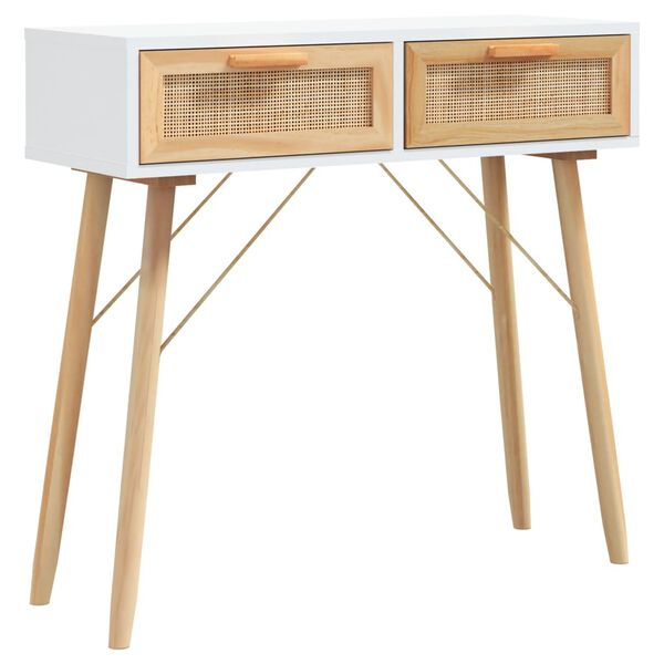 vidaXL Console Table White Engineered wood, solid pinewood, natural rattan