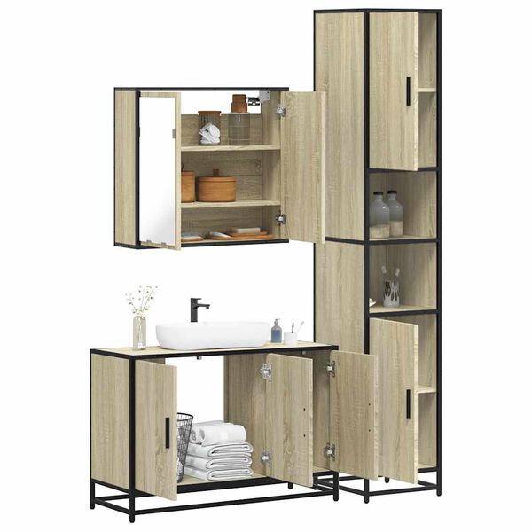 vidaXL Bathroom Furniture Set Sonoma Oak Engineered Wood, Metal, Glass