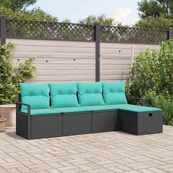 vidaXL Sofa Set with Cushion 5 pcs Black and Turquoise Poly Rattan