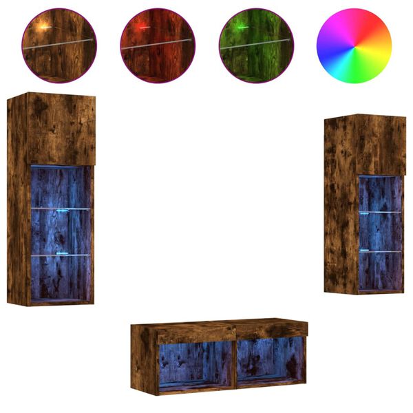 vidaXL 4 Piece TV Wall Stands with LED Lights Smoked Oak