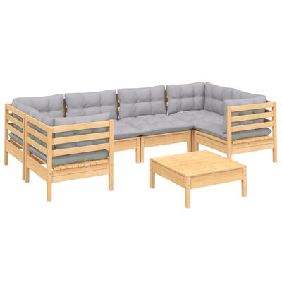 vidaXL 7 Piece Patio Lounge Set with Gray Cushions Pinewood