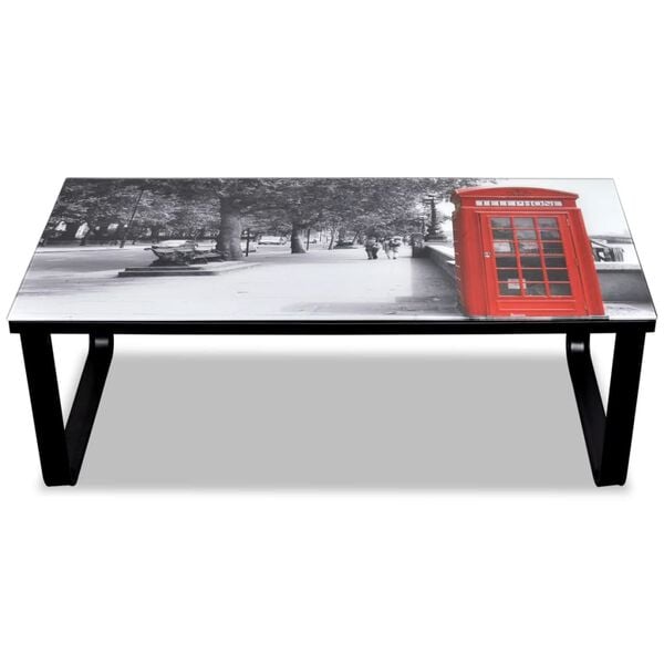 vidaXL Coffee Table Black with Telephone Booth Print Tempered Glass, Iron