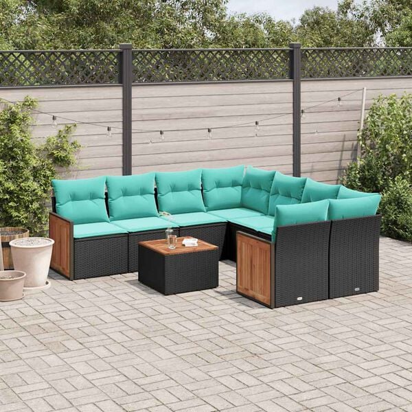 vidaXL 9 Piece Garden Sofa Set with Cushions Black Poly Rattan