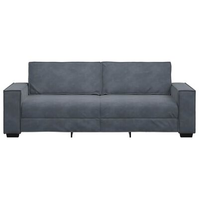 Blue-gray sofa shown from the front, three-seat sofa with wide arms and two cushions.