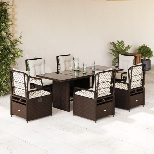 vidaXL 7 Piece Patio Dining Set with Cushions Brown Poly Rattan