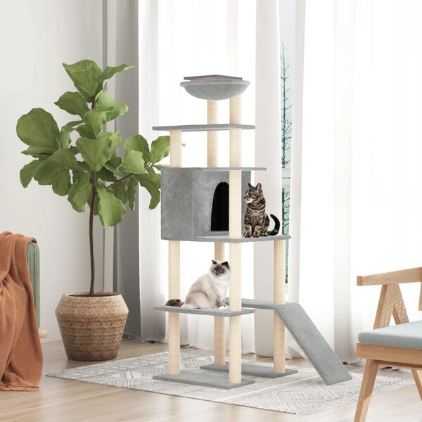 vidaXL Cat Tree Light Grey Engineered Wood, Plush, Sisal 65.4 in