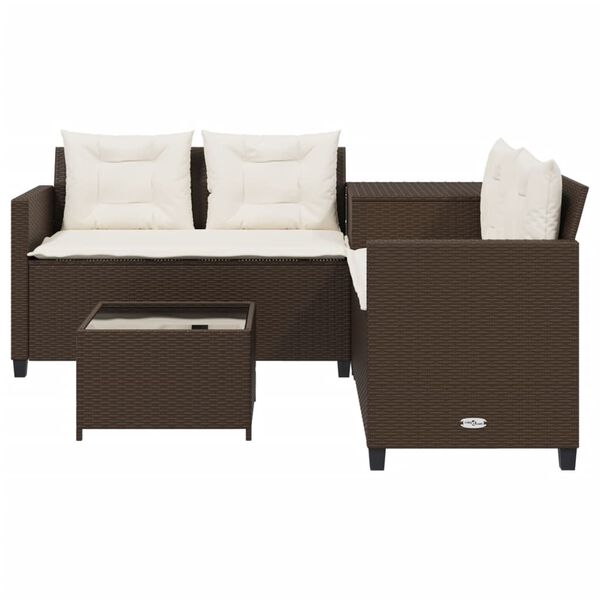vidaXL Patio Sofa with Table and Cushions L-Shaped Brown Poly Rattan