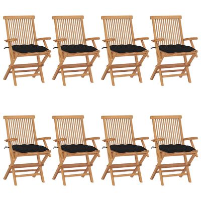 vidaXL Patio Chairs with Black Cushions 8 pcs Solid Teak Wood