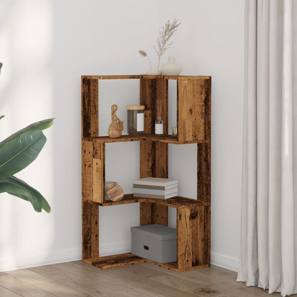 vidaXL Corner Bookcase 3-Tier Old Wood 19.7x19.7x40.2" Engineered Wood