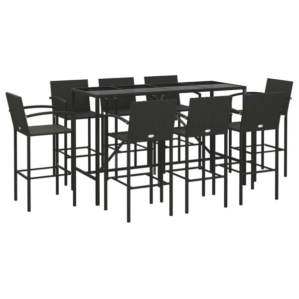vidaXL Garden Bar Set Black Poly Rattan, Powder-Coated Steel, Tempered Glass