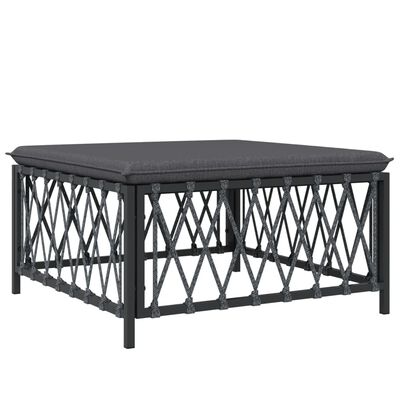 Rectangular cushioned ottoman with lattice metal sides and dark cushion