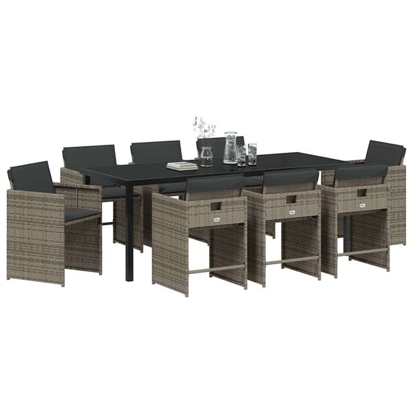 vidaXL Garden Dining Set with Cushion 9 pcs Grey Poly Rattan