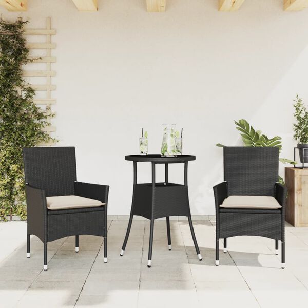 vidaXL 3 Piece Patio Dining Set with Cushions Black Poly Rattan and Glass