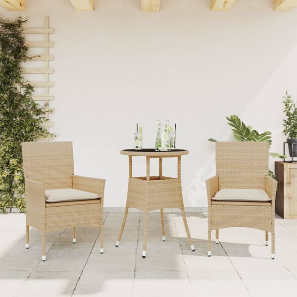 vidaXL 3 Piece Patio Dining Set with Cushions Beige Poly Rattan and Glass