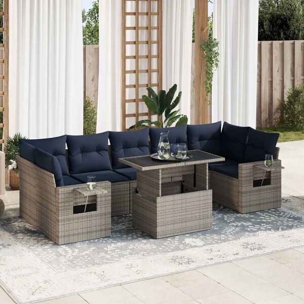 vidaXL 8 Piece Patio Sofa Set with Cushions Gray Poly Rattan Acacia