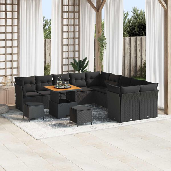 vidaXL Garden Sofa Set with Cushion 13 pcs Black Poly Rattan