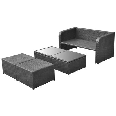 Outdoor seating group: loveseat, ottomans, and glass-top coffee table in dark wicker.