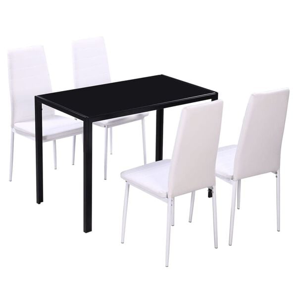 vidaXL Dining Set Black and White Tempered Glass, Iron, Faux Leather, Wood