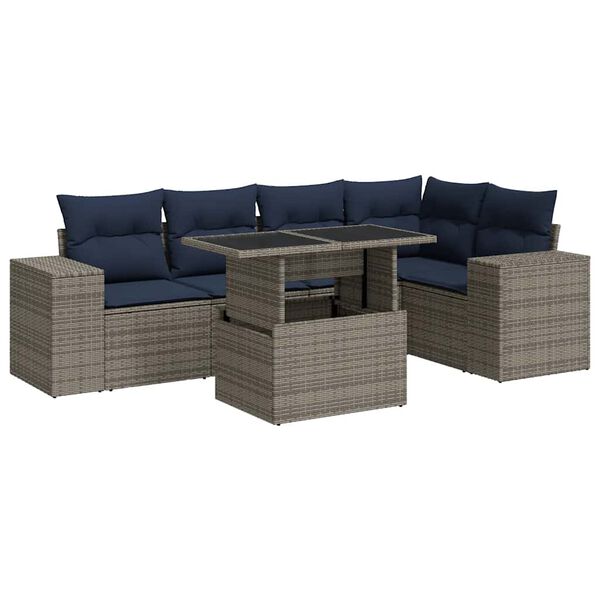 vidaXL 6 Piece Patio Sofa Set with Cushions Black Poly Rattan Acacia