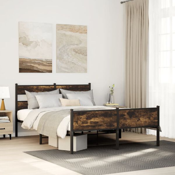 vidaXL Bed Frame Smoked Oak Steel, Engineered Wood Full Bed Frame