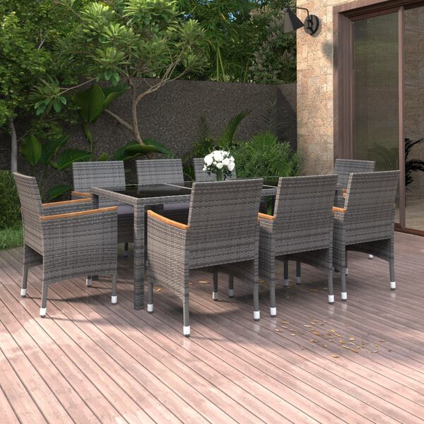 vidaXL Garden Dining Set Grey PE rattan, powder-coated steel, tempered glass