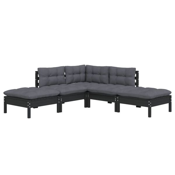 vidaXL Garden Lounge Set Black Solid pine wood, fabric (100% polyester)