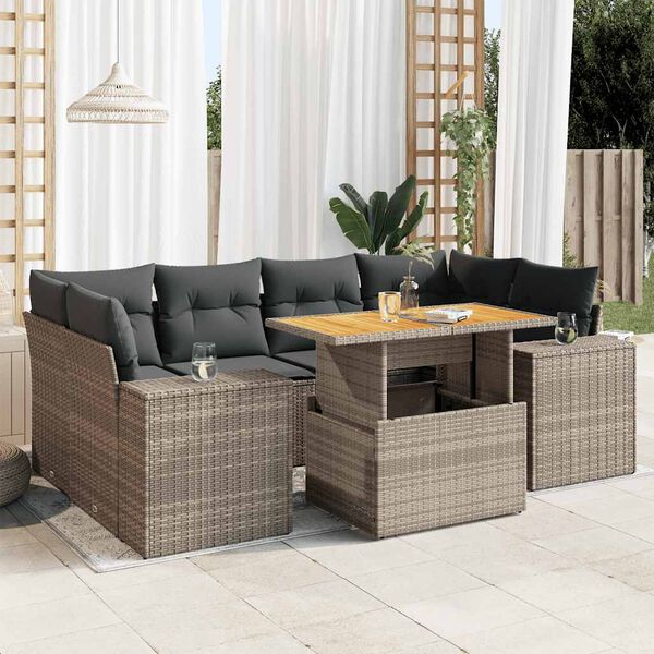 vidaXL Garden Sofa Set Grey PE rattan 7 Piece Set Adjustable Armrests