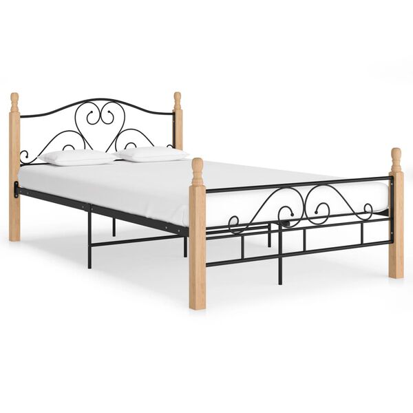 vidaXL Bed Frame Black and Natural Oak Powder-coated metal, Oak wood Full