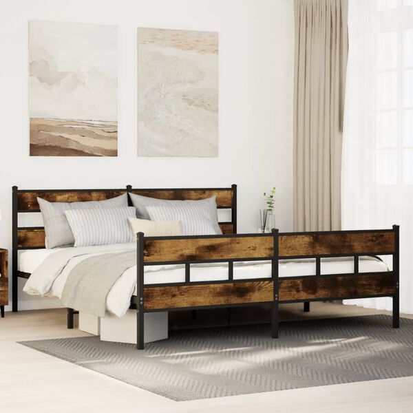 vidaXL Bed Frame Smoked Oak Steel, Engineered Wood 80 x 80 in Modern