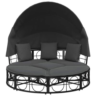 Round outdoor daybed with full back cushions and canopy, circular base.