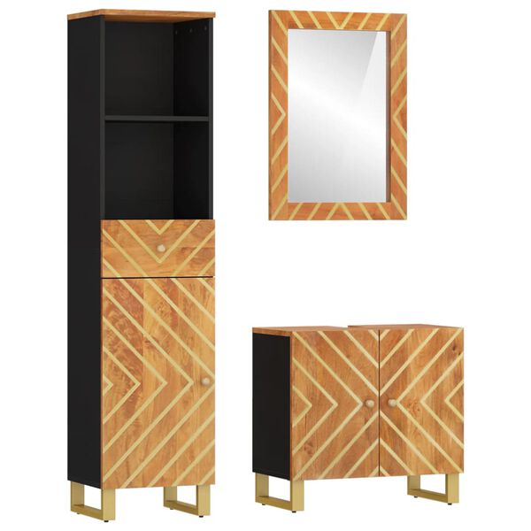 vidaXL 3 Piece Bathroom Cabinet Set Brown and Black Solid Wood Mango