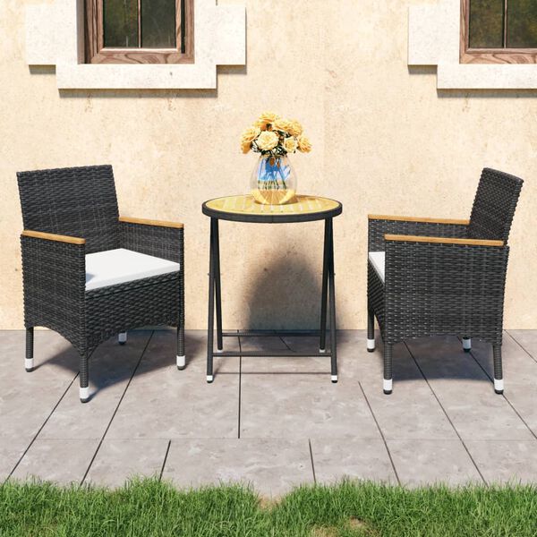 vidaXL 3 Piece Patio Bistro Set Poly Rattan and Acacia Wood Black