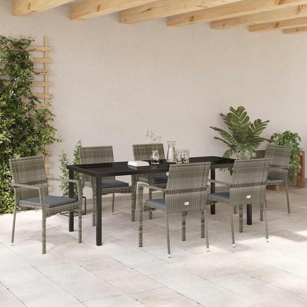 vidaXL Garden Dining Set with Cushion 7 pcs Grey Poly Rattan