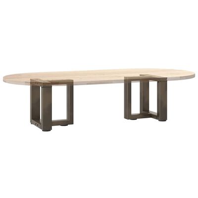 Oval wood table top supported by two square metal leg frames.