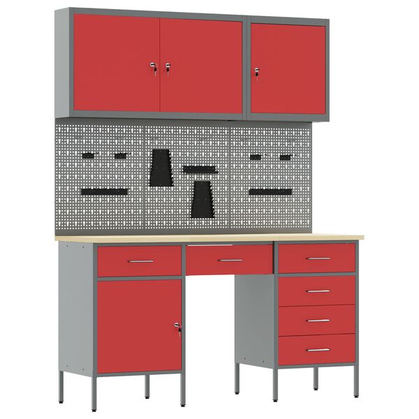 vidaXL Work Cabinet with Drawer with Lock 8 pcs Red 150 x 55 x 200 cm