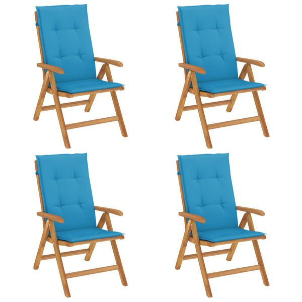vidaXL Reclining Garden Chair Set of 4 Natural wood, Blue cushion
