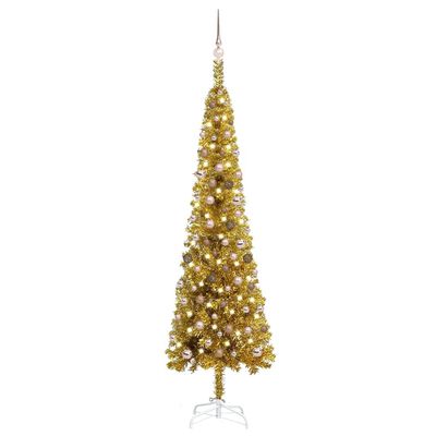 vidaXL Slim Christmas Tree with LEDs&Ball Set Gold 94.5"