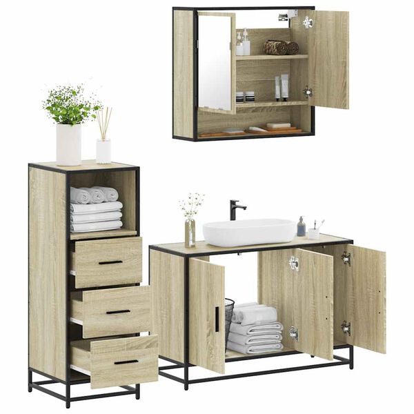 vidaXL Bathroom Furniture Set Sonoma Oak Engineered Wood, Metal, Glass