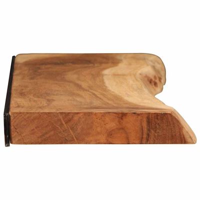 Curved wooden shelf bracket with metal mounting plate on left