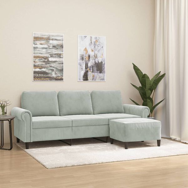 vidaXL 3-Seater Sofa with Footstool Light Gray 70.9" Velvet