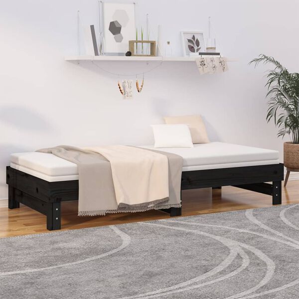 vidaXL Day Bed Black Solid pine wood Double Extendable Day Bed