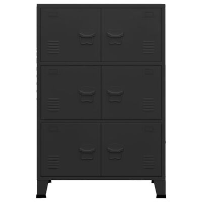 Front view of a tall black metal cabinet with six doors (three rows of two), compact industrial design.
