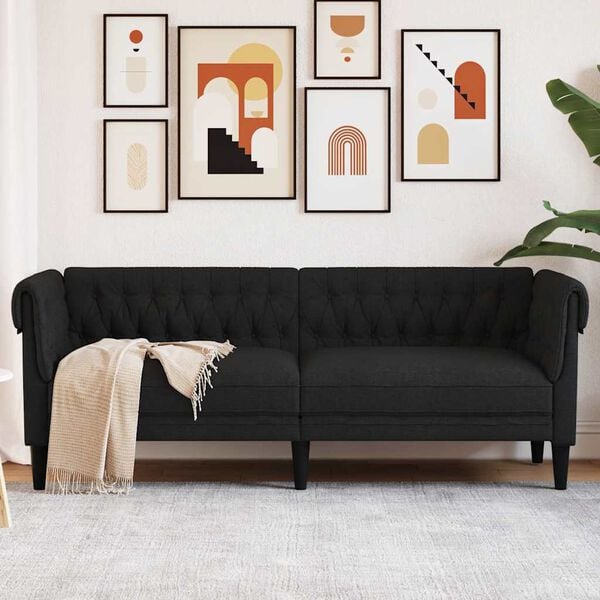 vidaXL Chesterfield Sofa Black Polyester, Solid Wood, Plywood 3-Seater