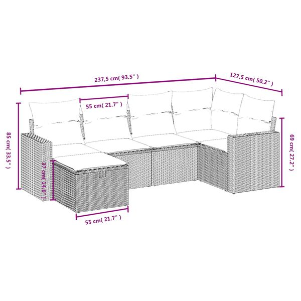 vidaXL 6 Piece Patio Sofa Set with Cushions Gray Poly Rattan