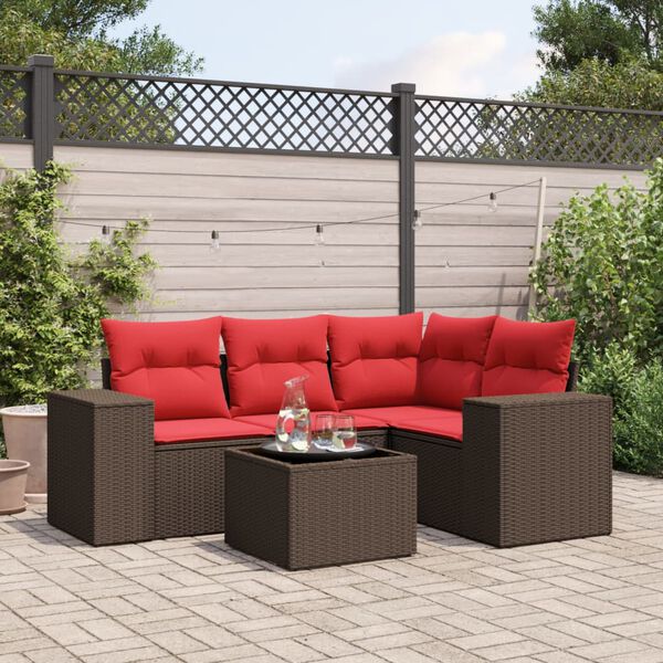 vidaXL 5 Piece Patio Sofa Set with Cushions Brown Poly Rattan