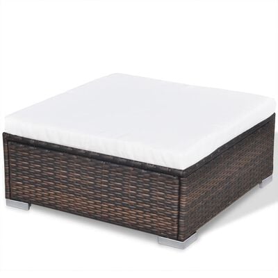 Brown wicker ottoman with white cushion
