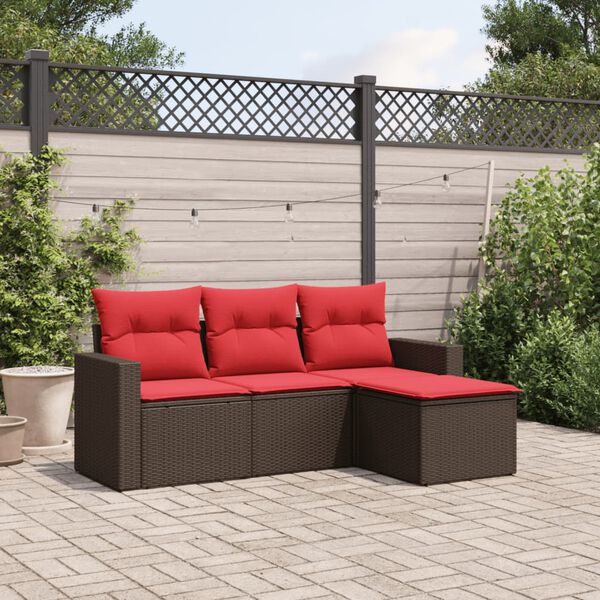 vidaXL 4 Piece Patio Sofa Set with Cushions Brown Poly Rattan