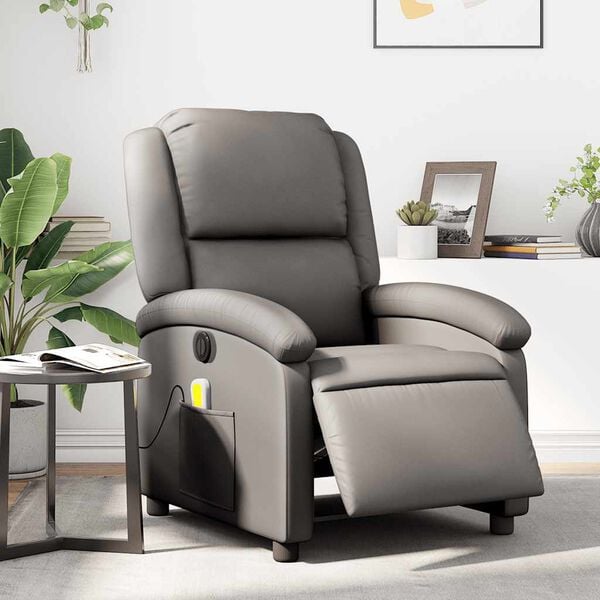 vidaXL Electric Massage Recliner Chair Gray Real Leather