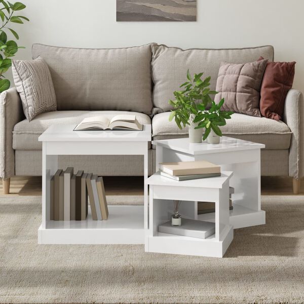 vidaXL Coffee Table Set of 3 High gloss white Engineered wood Stackable
