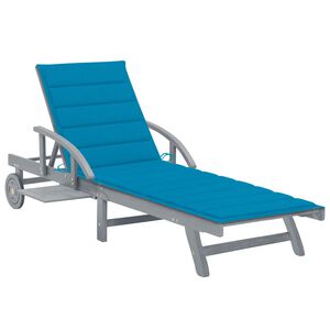 vidaXL Sun Lounger Grey with Blue cushion Solid Acacia Wood Extra Long